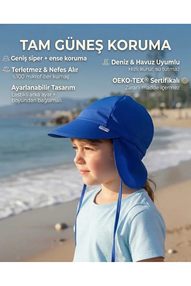 Royal Blue, Neck Protection, Tie-Back, Elastic Adjustment Buckle, Children's Sun Hat