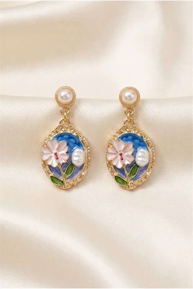 Oval Earrings with Blue Background, Flower and Pearl Detail