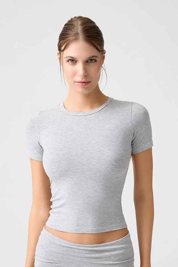 x Melodi Grey Melange Fitted T-Shirt Short