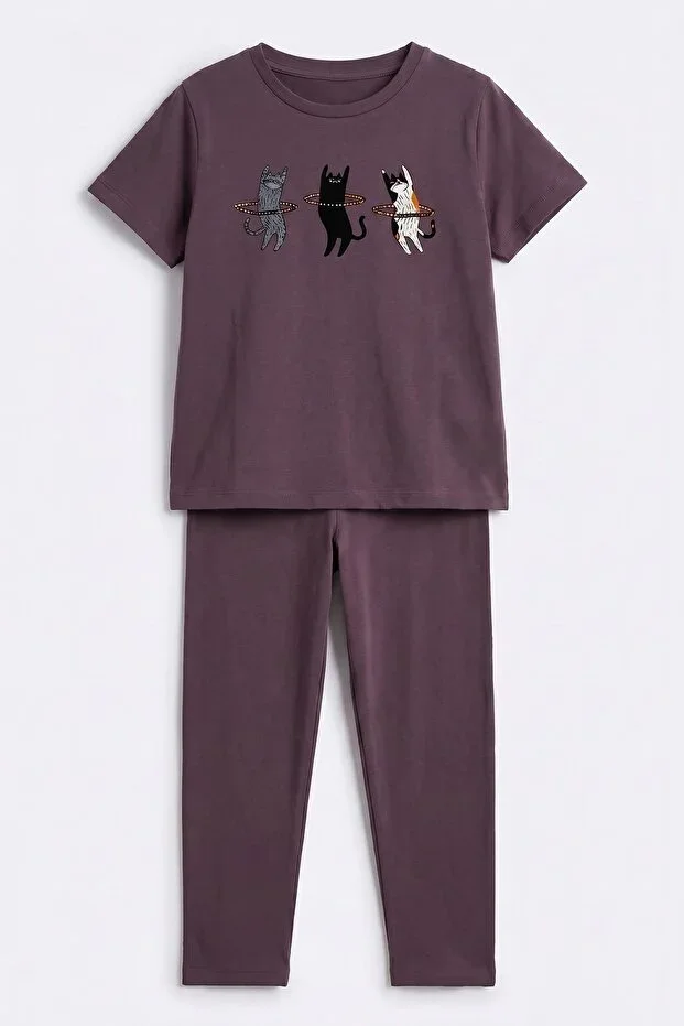 Girls' T-shirt with Cat and Stone Print Tights Set