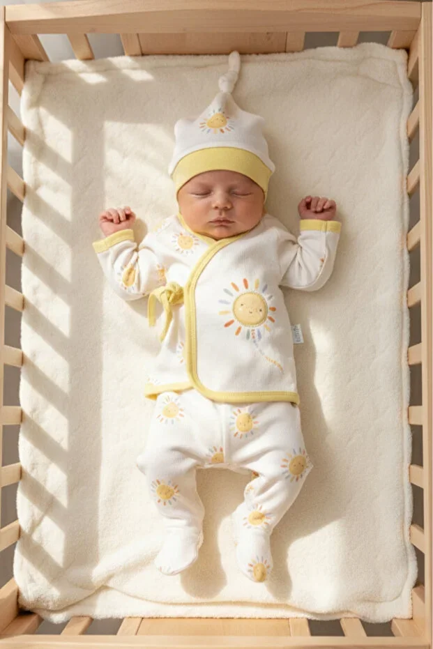 Unisex Baby Hospital Exit Sun Pattern Side Tie 100% Cotton 5 Piece Newborn Set 0-3 months