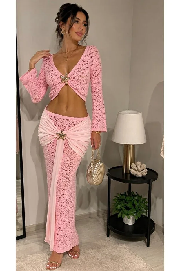 Pink Skirt Set with Gold Accessory Detail