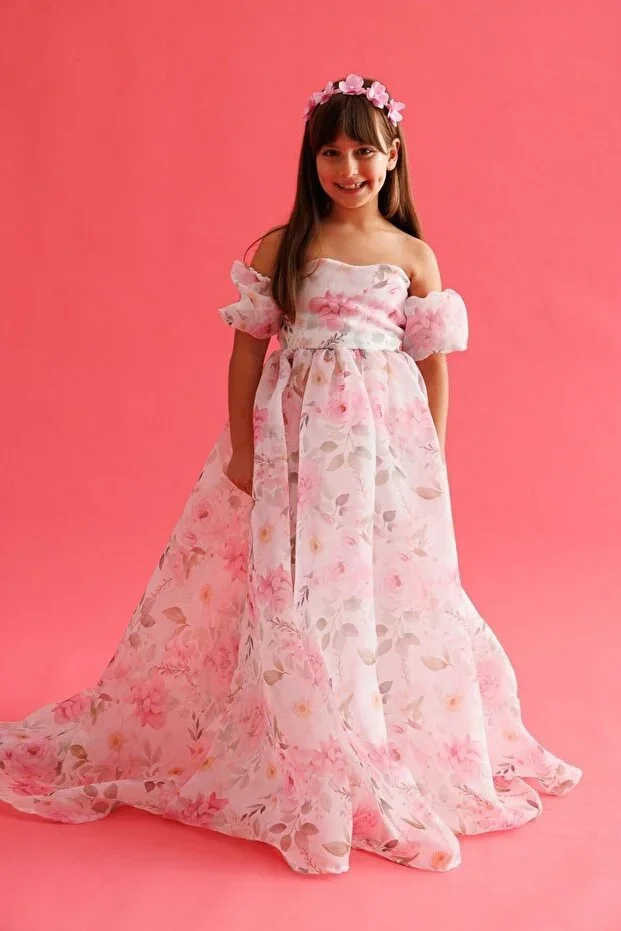 Pink Floral Print Organza Strapless Girls' Graduation Dress - Lovisa