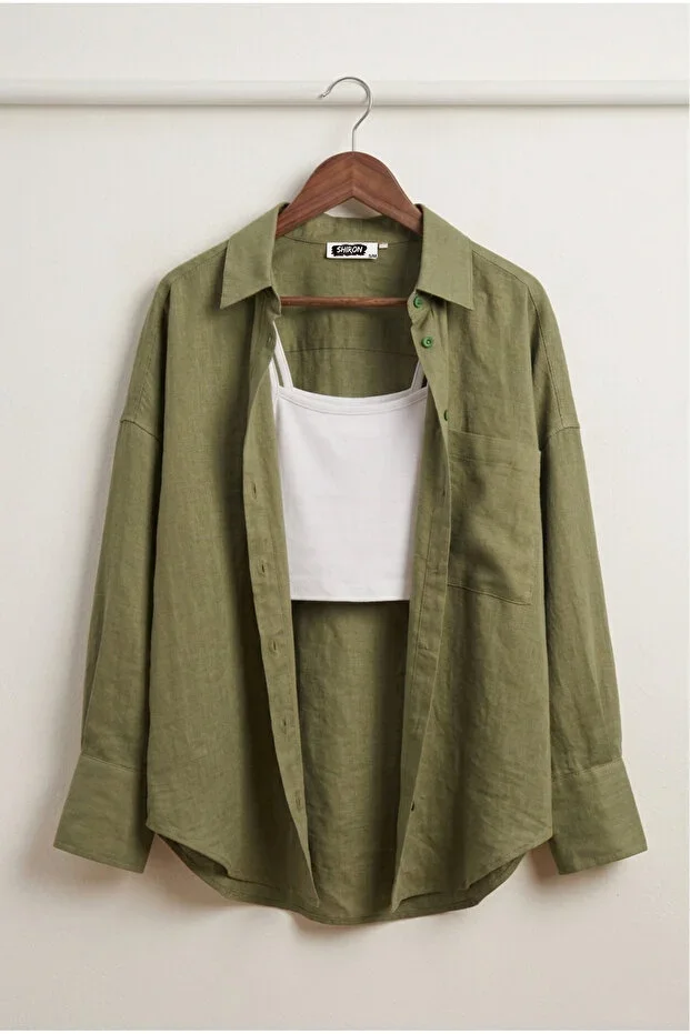 Shiron Sportswear&Company Women's Khaki Oversize Linen Shirt 100% Cotton