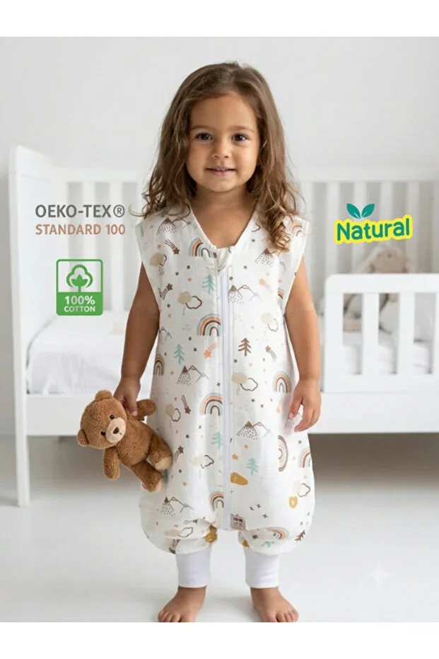 Summer Muslin Sleeping Bag, 0.5 Tog Single Layer Kids Sleeping Bag, Rainbow Pattern Baby Unisex Romper