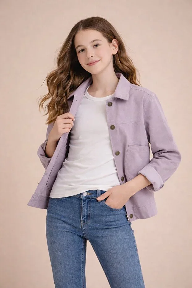 Pink Back Button Detail Girl's Gabardine Fabric Jacket 23569