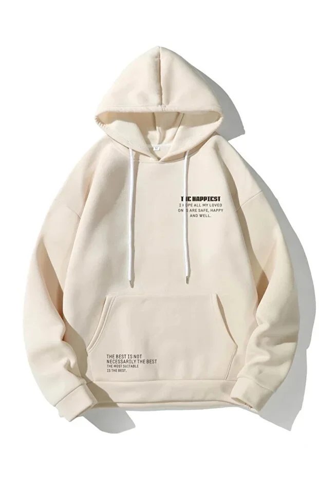 Unisex Beige Happiest Print Oversize Hoodie Sweatshirt