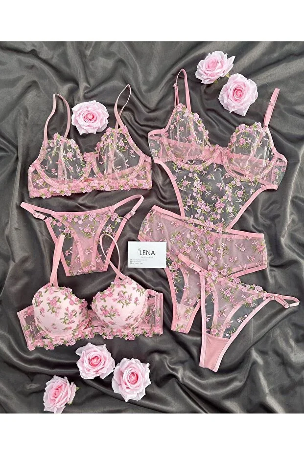 Women's Pink Bra & Bralette & Bodysuit Lingerie Set