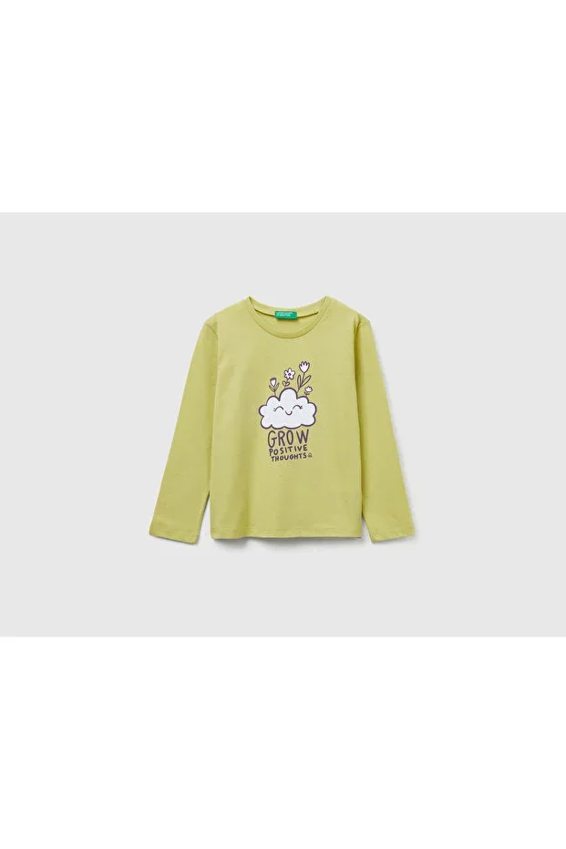 Baby Girl Mustard Front Print Ribbed Collar Regular Fit Sweatshirt