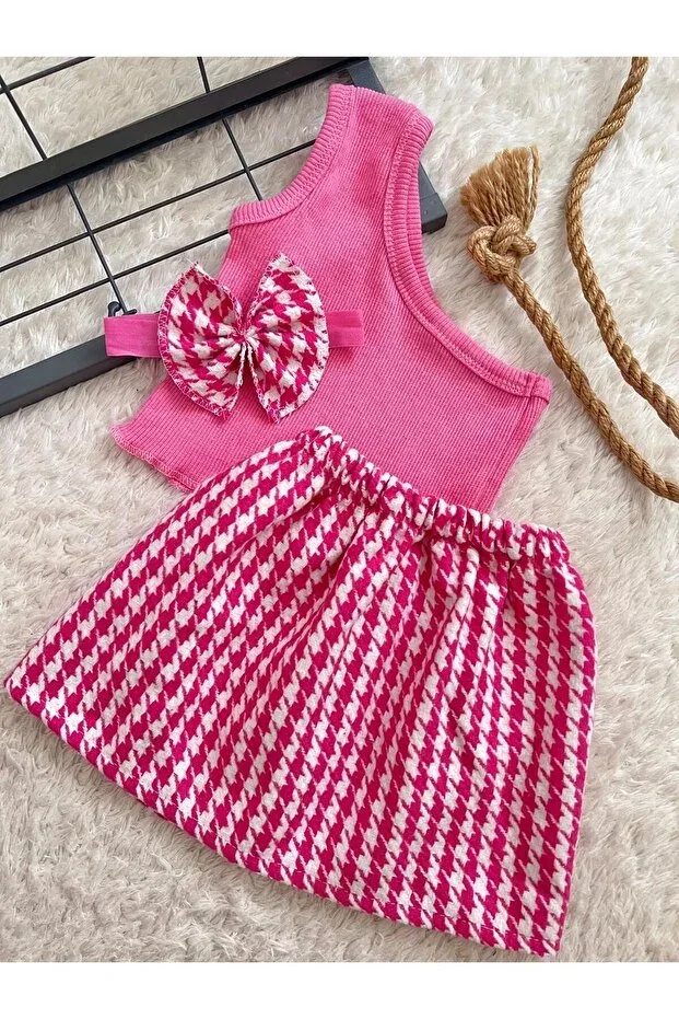 Baby Fuchsia Houndstooth Skirt Pink One Shoulder Crop Top and Bandana Set Outfit
