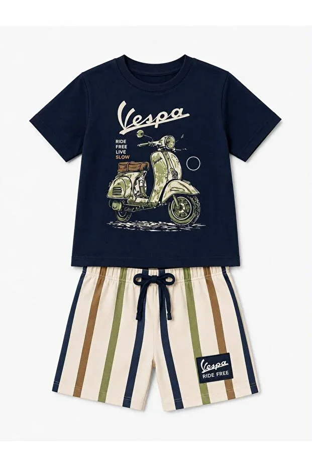 Boys Scooter Print Striped Shorts Set Summer Two-Piece Set
