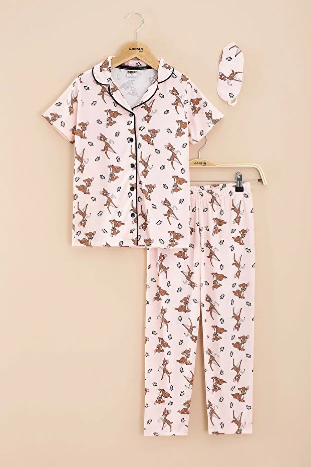 Pink Deer Pattern Short Sleeve Girls Pajama Set with Eye Mask 20568