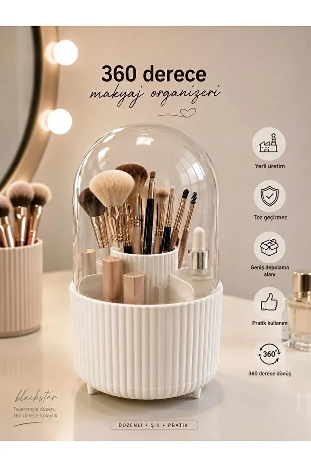 Transparent Lid 360 Rotating Brush Cosmetic Makeup Organizer White