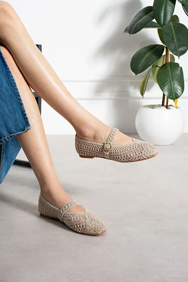 Bej Örgü Women's Ballet Flats Daily Summer Buckled Mesh Ballet Flats Shoes