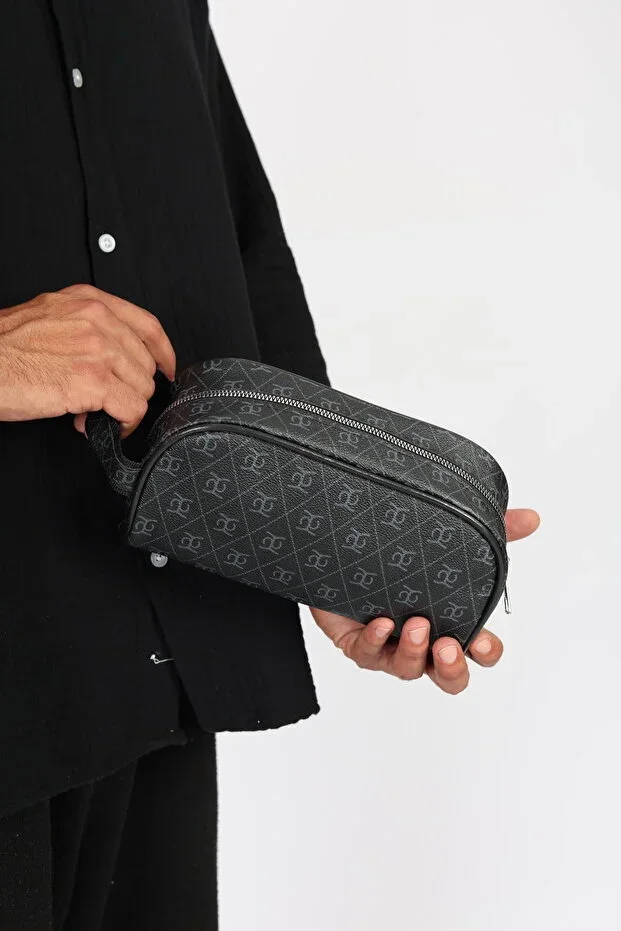 Black Patterned Unisex Water Resistant Shaving & Cosmetic Portfolio & Clutch Handbag
