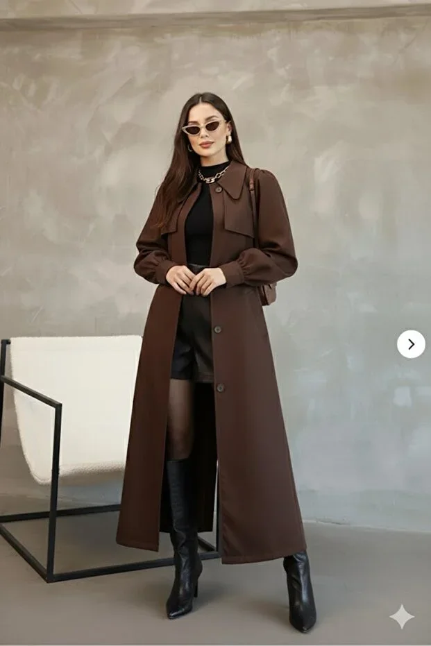 Plus Size Balloon Sleeve Resort Collar Belted Long Trench Coat