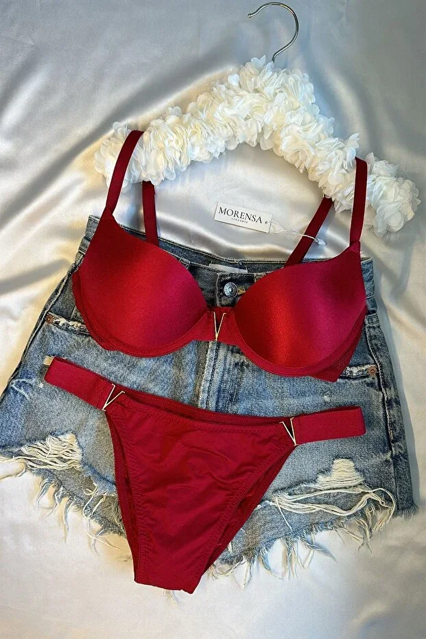 V Detailed Light Support Soft Cup Bra Set Red