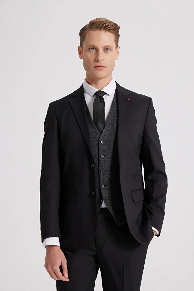 Ds Damat Slim Fit Black Plain Mono Collar Single Vent Lined Suit Combination