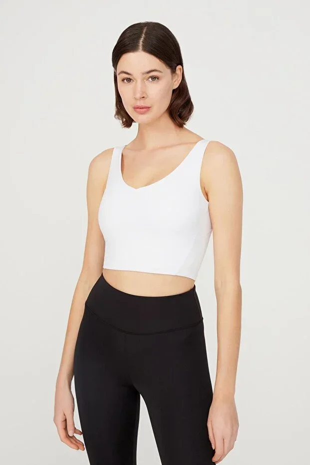 White V-Neck Light Support Padded Sports Bra Vneck
