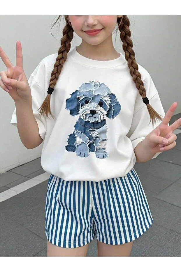 Girls Blue Dog Print White T-shirt-Blue White Striped Shorts Set