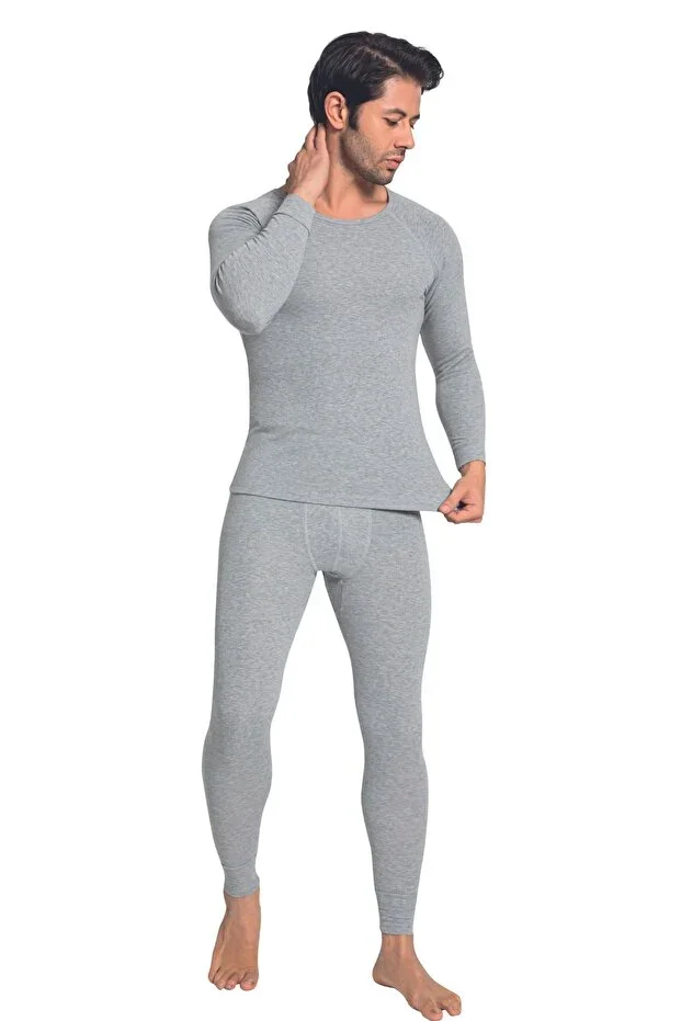 Men's Thermal Underwear Brushed Bottom Top Set Cotton Stretchy Grey Melange 8190