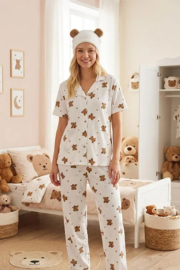 Bear Print Gauze Short Sleeve Pajama Set 6068