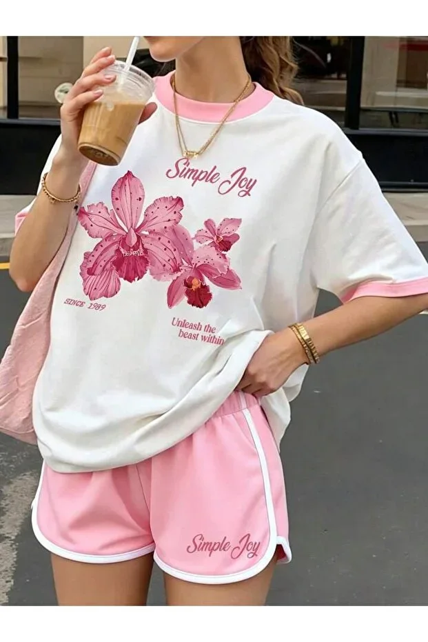 Girls Simple Joy Print Pink Ribbed White T-shirt-Pink Trim Shorts Set