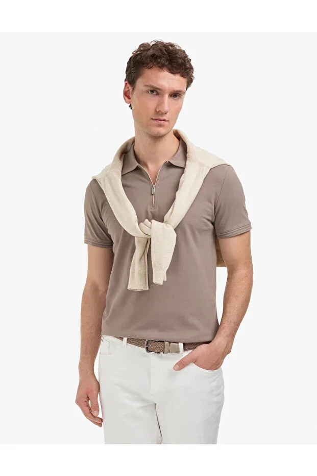 Dark Mink Slim Fit 100% Cotton Non-Iron Zippered Polo Neck Basic T-Shirt 50325311-VR241