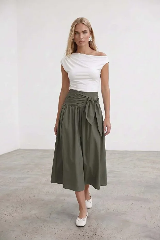 Trend Alaçatı Stili Women's Khaki Belted Zip-Up Lined Midi Poplin Skirt Alc-X15519