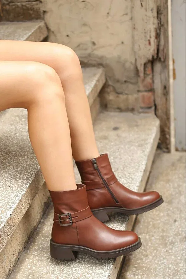 8375 Genuine Leather Lugged Orthopedic Rubber Sole Buckle Detailed Zippered Boots