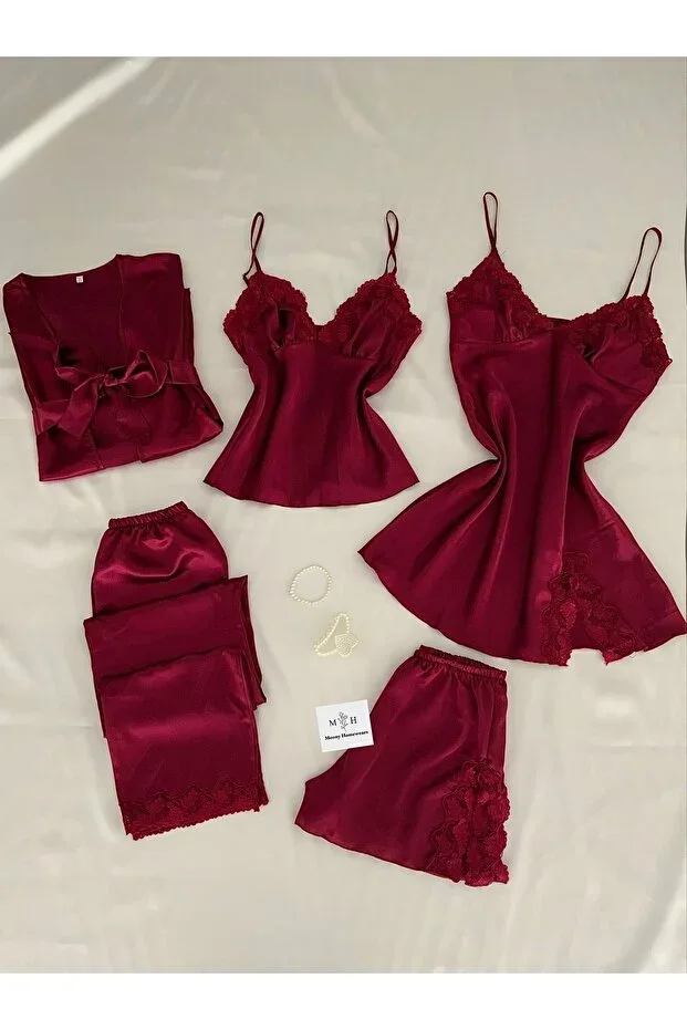 Boxed 5-Piece Burgundy Satin Nightgown Robe Dowry Set