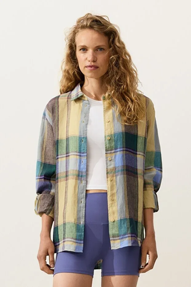 Oysho Regular fit checked 100% linen shirt