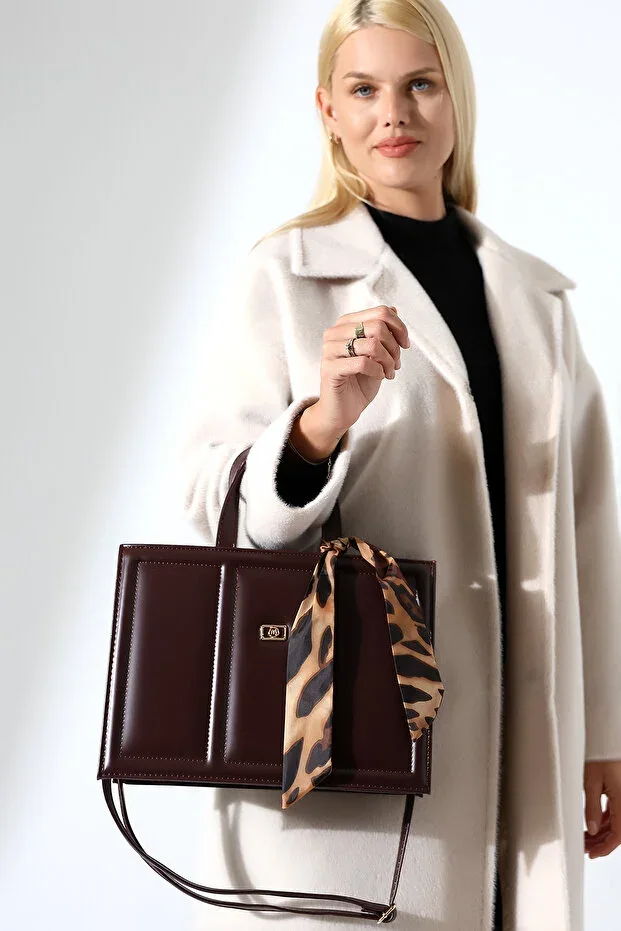 Brown Women's Large Box Model Bag with Scarf Crossbody Shoulder and Handbag