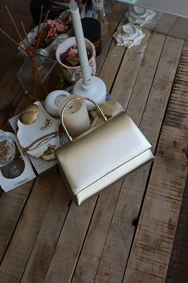Women's Gold Leather Handbag & Shoulder Bag with Metal Handle Detail