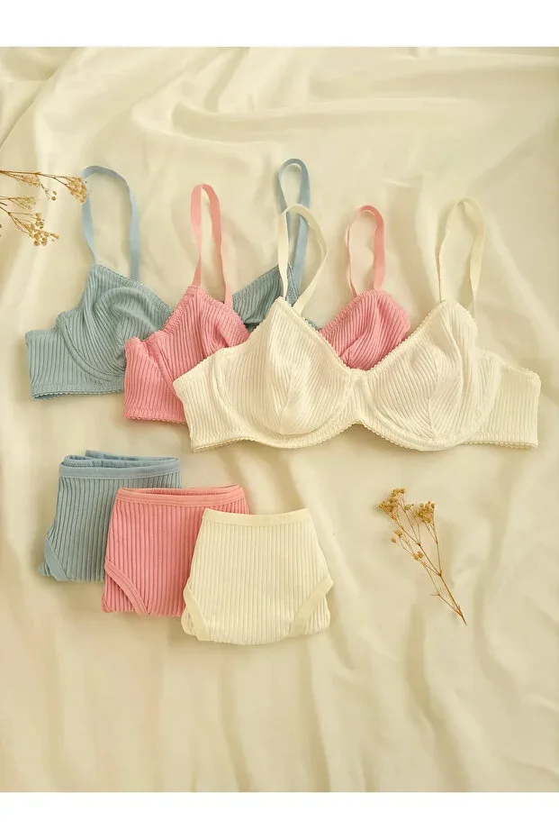3 Piece COLORED UNDERWIRE COTTON RIBBED SET