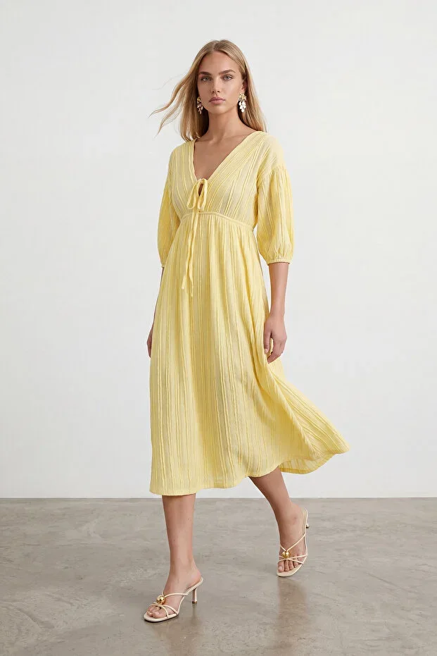 Yellow V-Neck Tie-Detail Ruffle Fabric Maxi Dress ALC-X15413