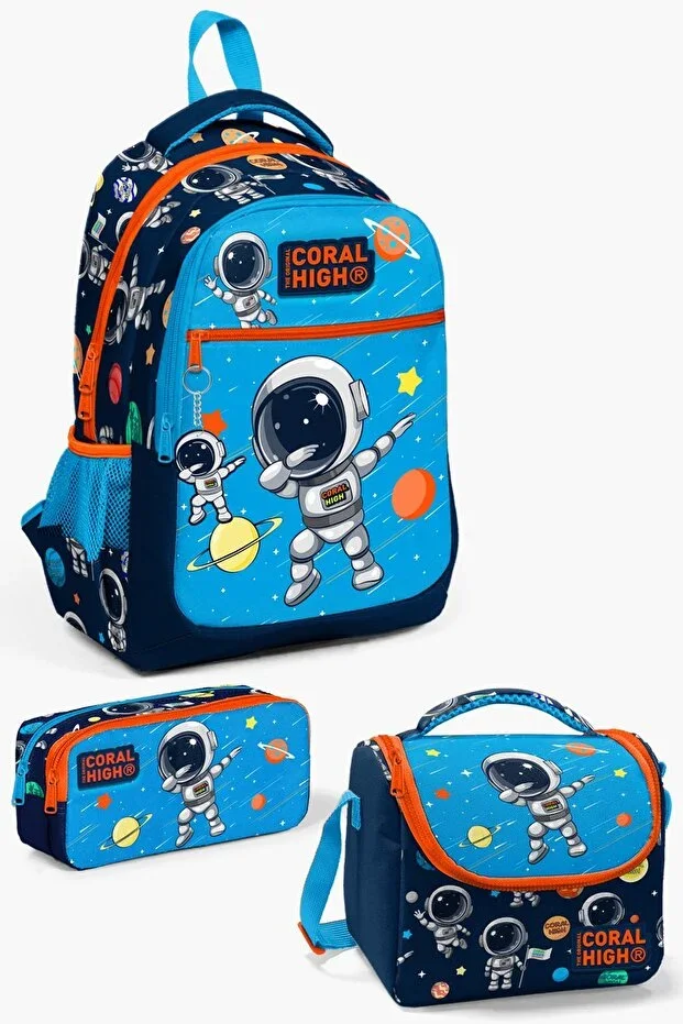 Kids Navy Blue Astronaut Patterned 3-Piece School Bag Set SET0123486
