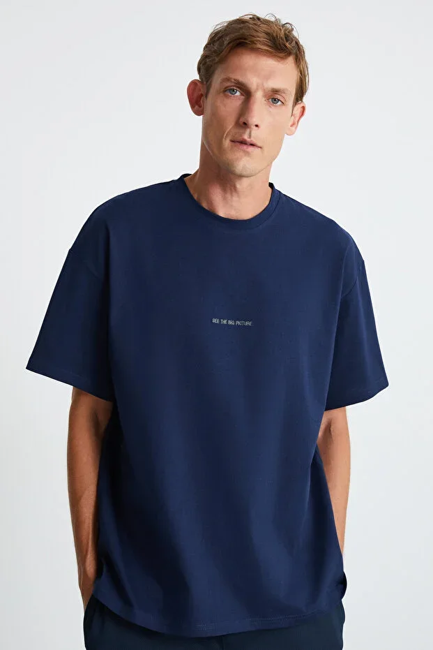 Rıver Men's Oversize Fit Wide Cut Embroidered Basic Knit Navy T-shirt
