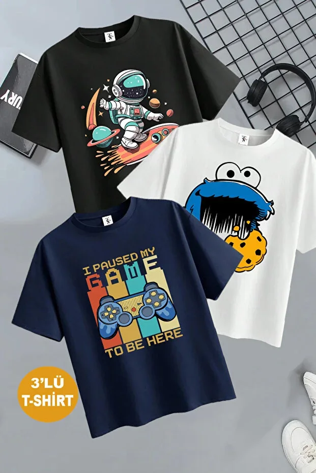 Cookie Monster Print 3-Pack Unisex Navy-Black-White Kids T-Shirt