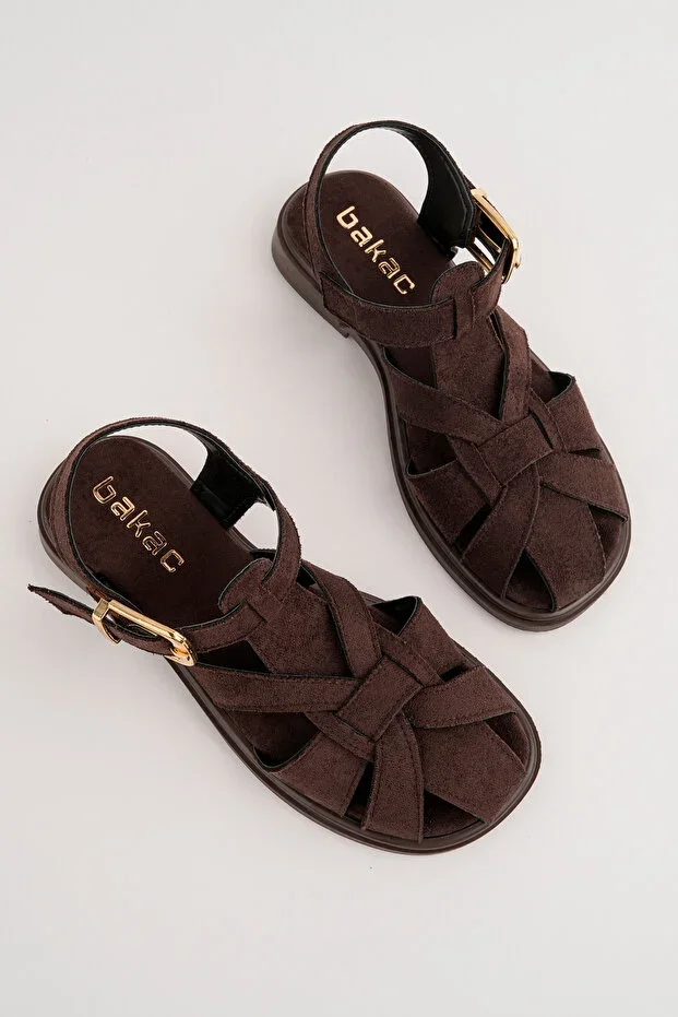 Women's Brown Suede Fabric Comfortable Sole Casual Sandal