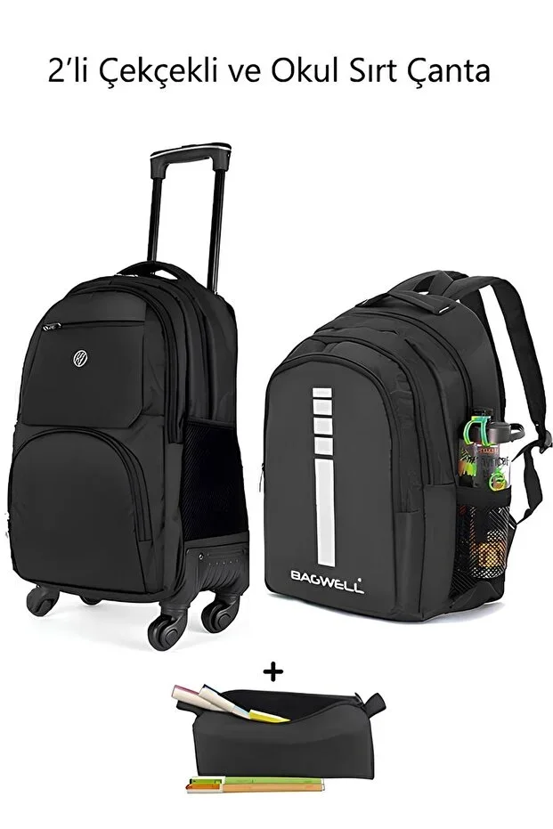 4-Wheeled Laptop Compartment Trolley School Bag with Orthopedic Back and Pencil Case Gift