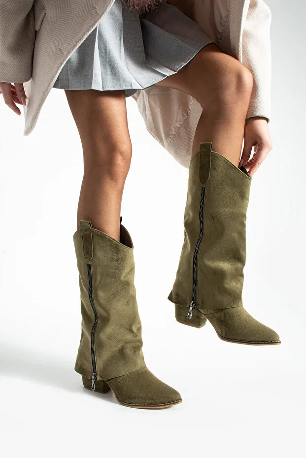 Diva HAKİ SUEDE Zipper Detailed 6 Cm Heeled Boots