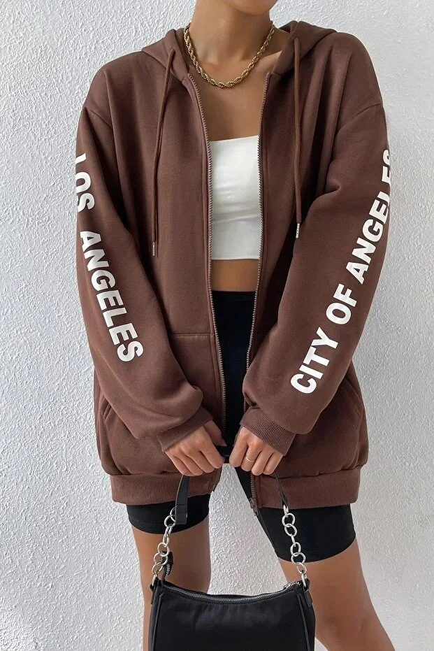 Women's Brown Sleeve Los Angeles Print Detailed Hoodie Cardigan