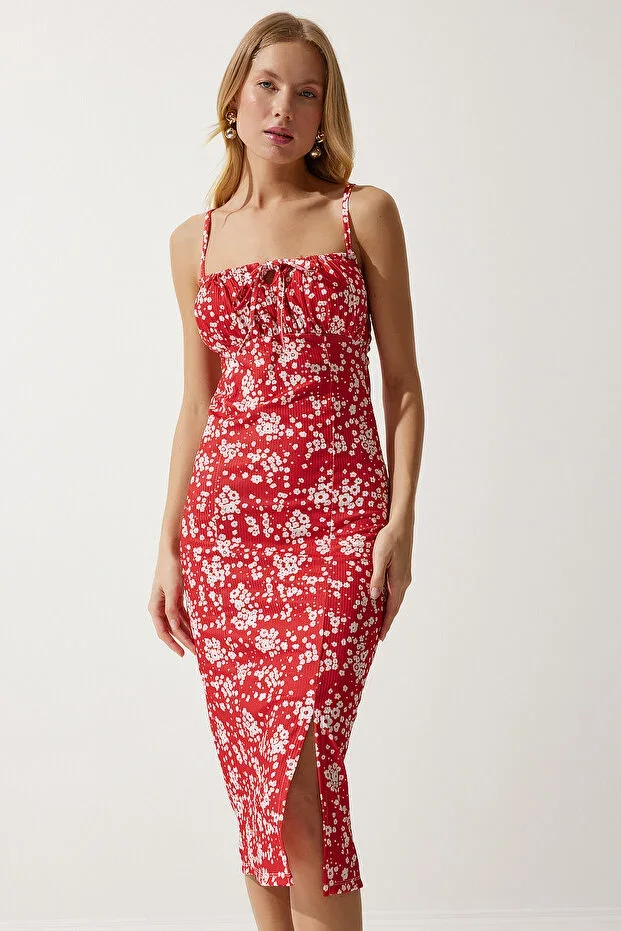 Happiness İstanbul Women's Live White Red Floral Slit Summer Knit Dress CI00029