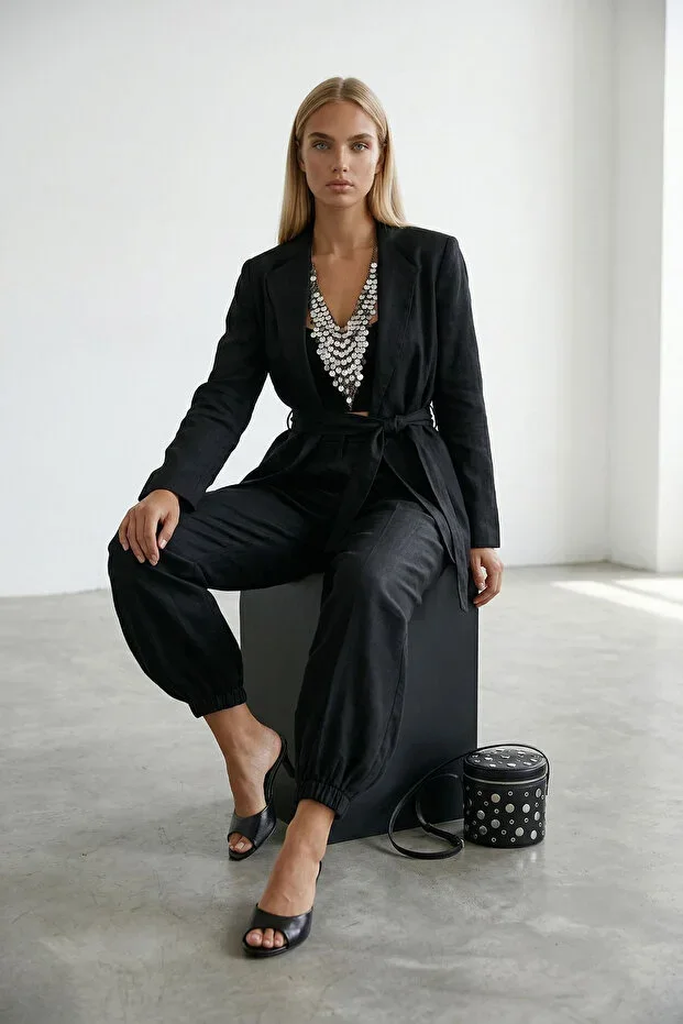Black Sofia Linen Elasticated Jogger Trousers and Self-Belted Jacket Set ALC-X15299