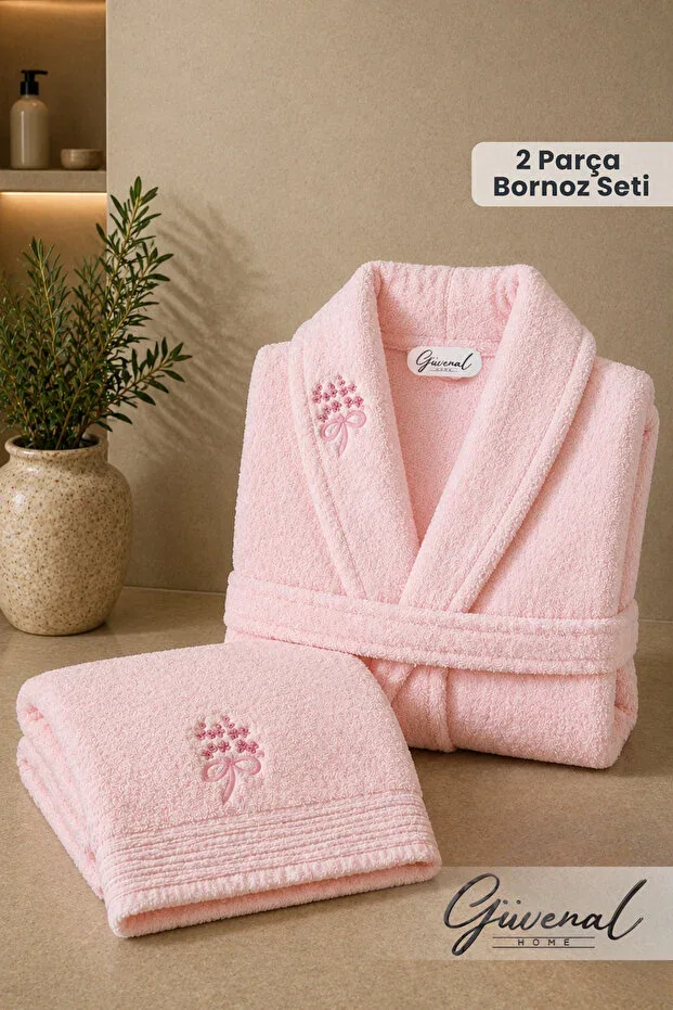 Rüya 2 Piece Cotton Embroidered Bathrobe Set | Bathrobe | Towel | Dowry Set - Pink