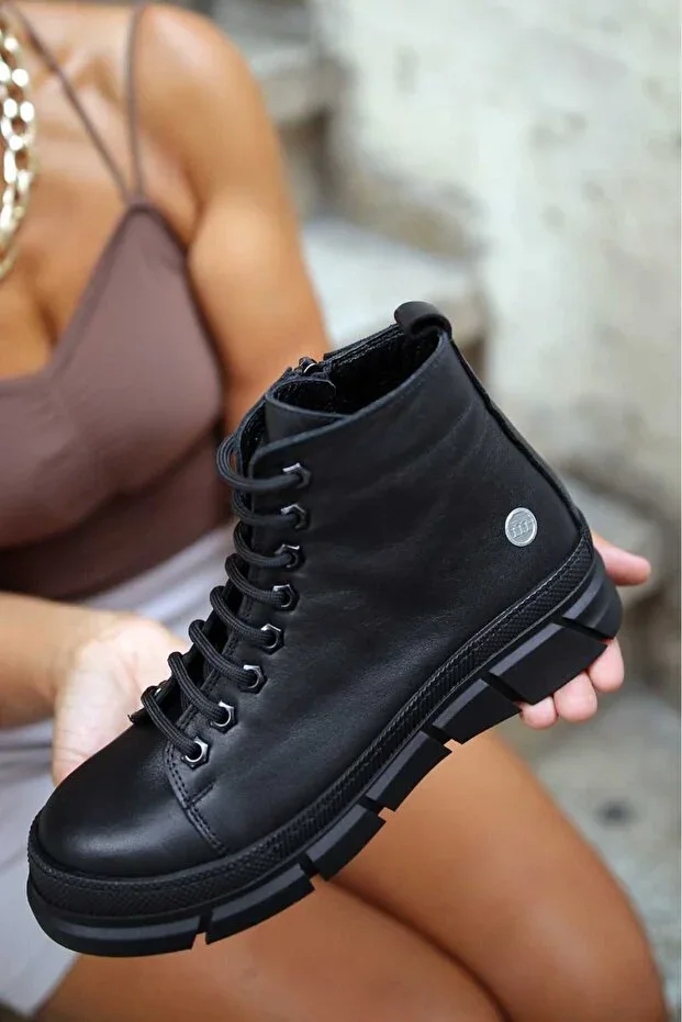 19350 Genuine Leather Lace-Up-Zipper Orthopedic Flat Sole Ankle Boot