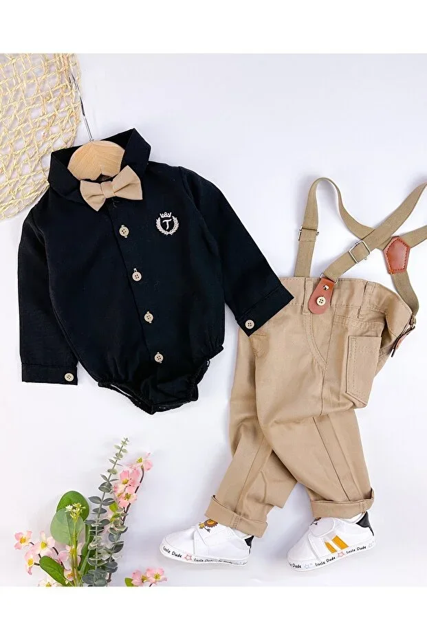 Seasonal holiday 4-piece set with removable bow tie and snap-buttoned bodysuit shirt