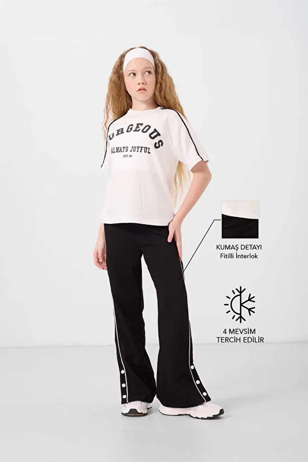 Ecru-Black O-Neck Printed Wide Leg Snap Detail Girl Palazzo Tracksuit Set - 75172