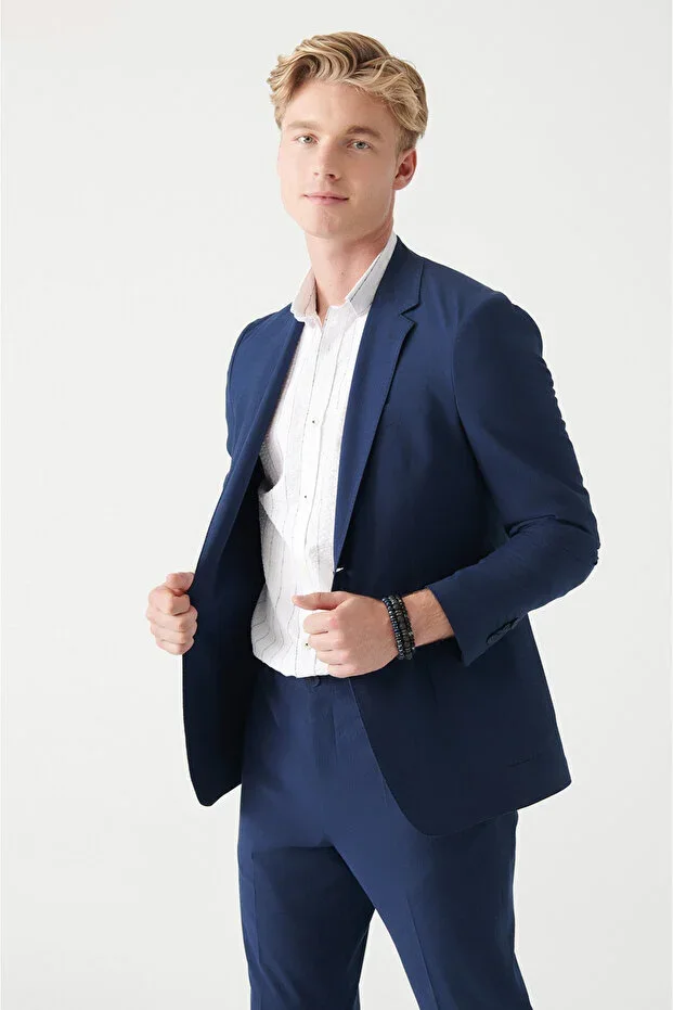 Men's Navy Blue Waffle Textured Unlined Double Vent Jacket A31Y4012